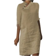 Women's Summer Cotton Linen Dress Solid Color Half Sleeve Shift T Shirts Dress Button Mock Neck Casual Loose Tunic Dress