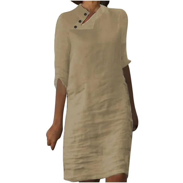 Robe Longue à Boutons pour Femmes, Été, Mode Décontractée, Couleur Unie, Manches Mi-Longues, Coton et Lin