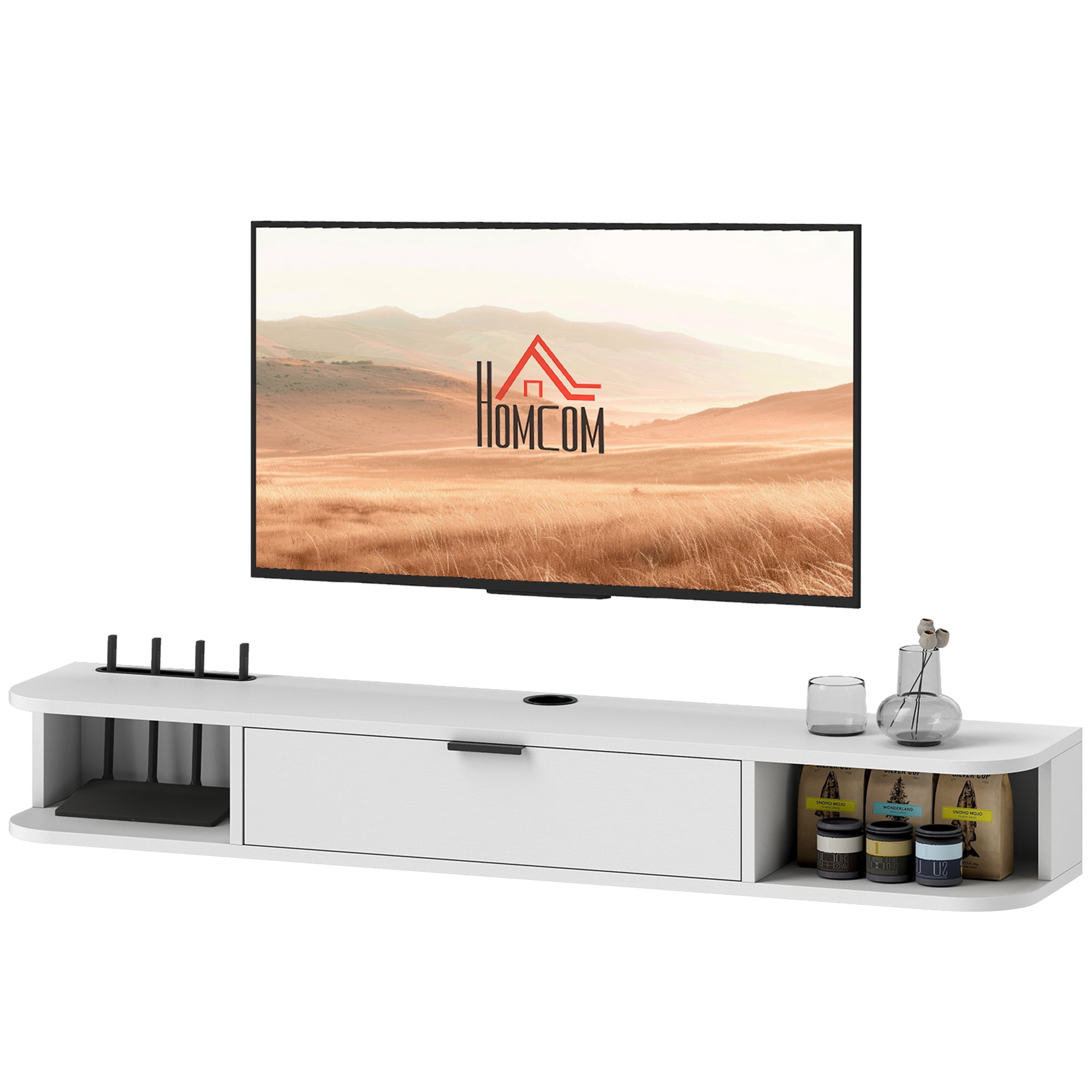 CoSoTower 47" Floating TV Stand for TVs up to 50 Inch, Wall Mounted Media Console with Flip Drawer and 2 Open Shelves, White