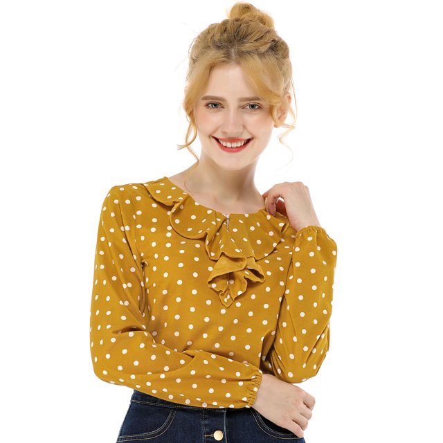 Allegra K Blouse à Manches Longues à Col à Volants pour Femmes TP à Pois Jaunes