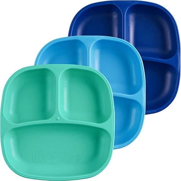 Re-Play Fabriqué aux États-Unis 7 Pouces Assiettes Compartimentées à Rebord Profond pour Enfants, Sans Couvercle - Assiettes à 3 Compartiments Réutilisables, Lavables au Lave-Vaisselle et au Micro-Ondes - 7.37 Pouces x 7.37 Pouces x 1.25 Pouces, un Bleu Franc