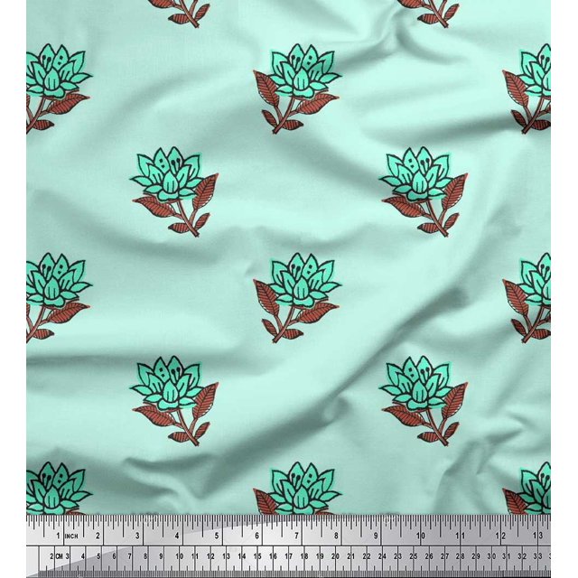 Soimoi Polyester Crepe Fabric Leaves & Lotus Block Print Fabric by Yard 52 Inch Wide
