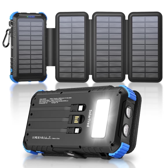 Solar Power Bank 45800mAh with 4 Panels, Portable Solar Charger with Build-in 3 Cables for iPhone, USB C in/Output 15W Fast Charging External Battery
