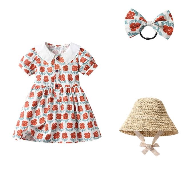 Birdeem Robe à Bretelles d'Été à Imprimé Floral pour Tout-Petite Fille avec Chapeau et Épingle à Cheveux