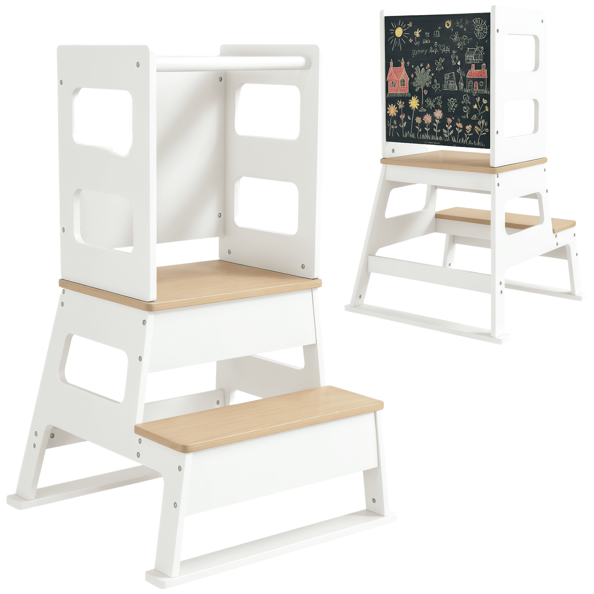 Qaba 2 in 1 Toddler Tower Kitchen Helper w/ Chalkboard, Safety Rail, White