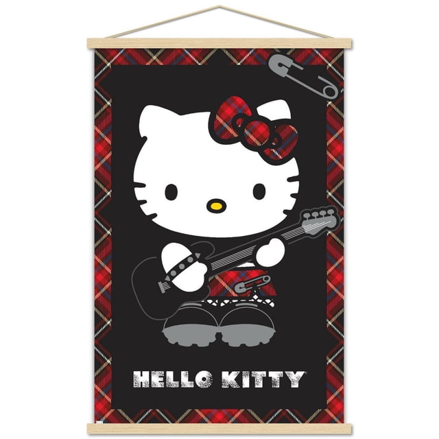 Hello Kitty - Affiche Murale Punk, 22,375 Po x 34 Po Mettant en Vedette Hello Kitty Tenant une Guitare Électrique Noire, Portant un Nœud à Carreaux Rouges et une Jupe avec Détails d'Épingle de Sécurité, Ensemble sur Fond Noir avec une Bordure à Carreaux Rouges et un Texte « Hello Kitty » Blanc Vieilli, Convient à la Décoration Murale de Chambre Ou de Dortoir.