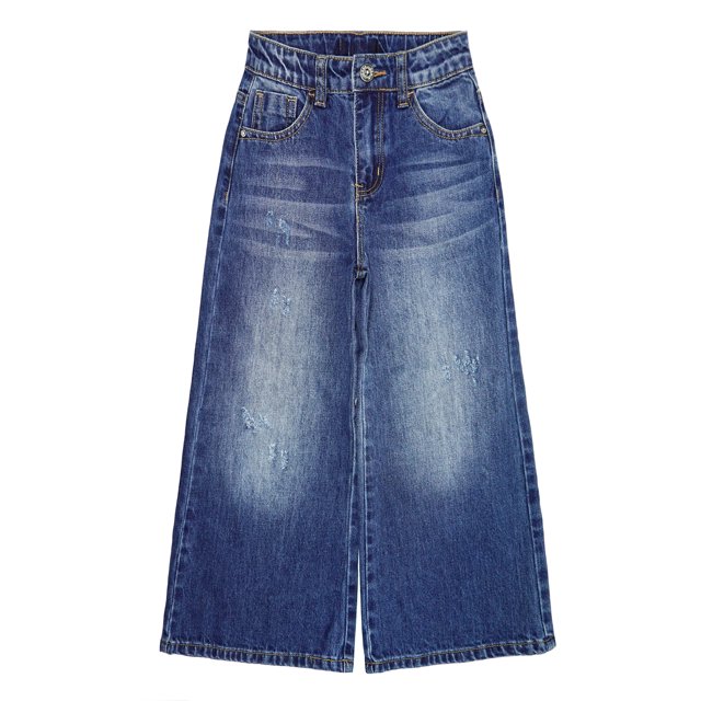 KIDSCOOL SPACE Girl Jeans,Kid Ripped Wide Leg Slim Fit Fashion Denim Jeans Pants,Deep Blue,6-7 Years