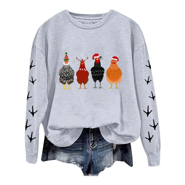 WEAIXIMIUNG Chandail Court Grande Taille Noël Surdimensionné Femmes Manches Longues Col Rond Chandails Imprimé Poulet Léger Ample Chandails Haut
