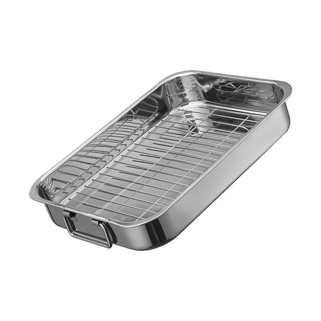 Tnarru Roasting Pan Baking Pan BBQ Rectangle Baking Pans Tray Oven Baking Tray Roasting Chicken Roasting Turkey Barbecue Baking Tray 33x23x5cm. Made of durable stainless steel, this pan includes a non-stick surface for easy food release and cleaning. It comes with a cooling rack for quick cooling and easy food removal. Ideal for roasting turkey, chicken, and other meals. Dimensions: 33cm x 23cm x 5cm.