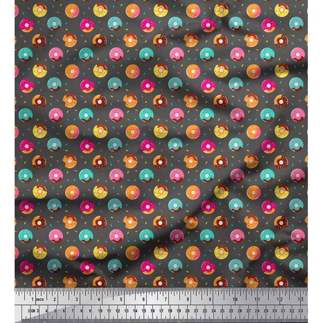 Soimoi Gray polyester Crepe Fabric Donuts Food Printed Fabric 1 Yard 42 Inch Wide