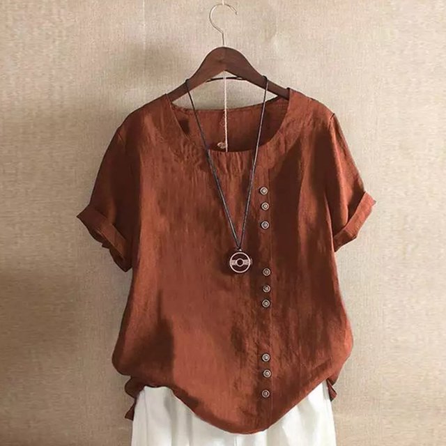 LSLJS Womens T Shirts Womens Summer Casual Solid Color Round Neck Short Sleeve Tops Buttons Blouses