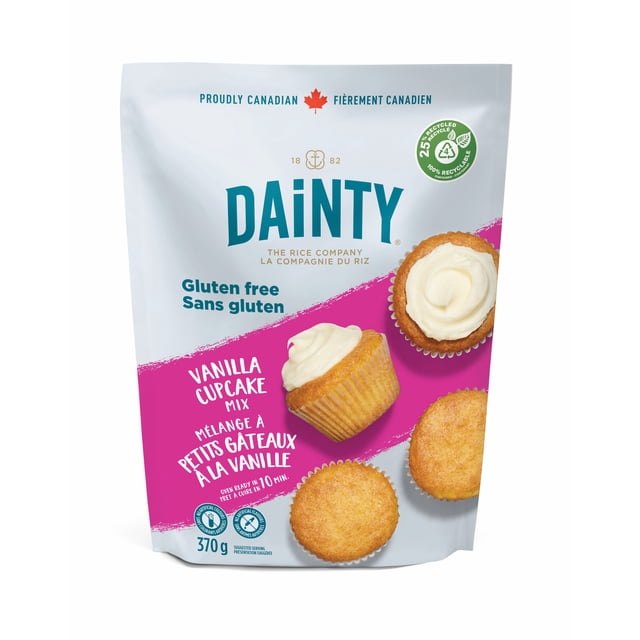 CUPCAKE à la Vanille MIX, Cuisson Sans gluten MIX par Dainty Foods, dans une Pochette Refermable de 370 g avec des images de cupcakes à la Vanille, Emballage de Marque Canadienne avec Texte Bilingue Anglais et Français, Convient pour des cupcakes Maison Rapides.
