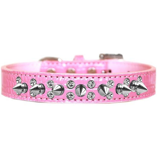 Double Crystal And Spike Croc Dog Collar Light Pink Size 16