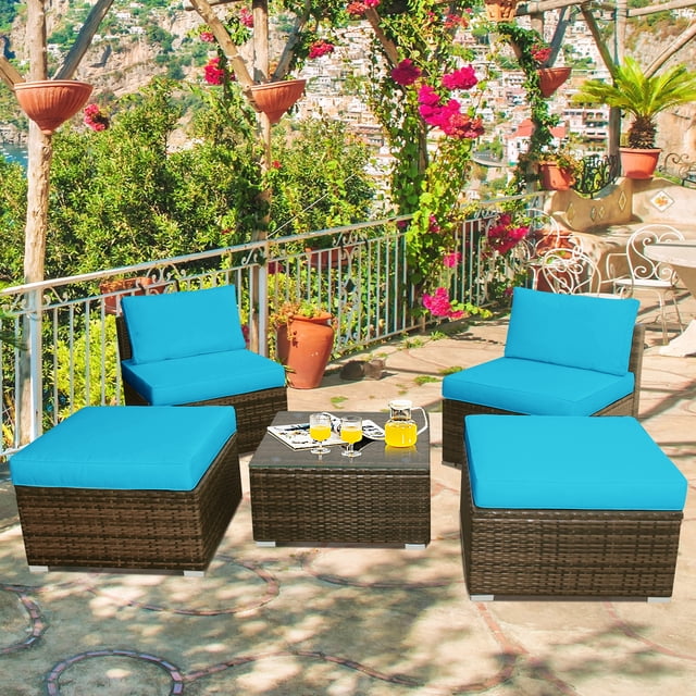 Patiojoy Ensemble de Canapé d'Extérieur en Rotin Osier 5 Pcs Chaise Longue avec Coussins Turquoise