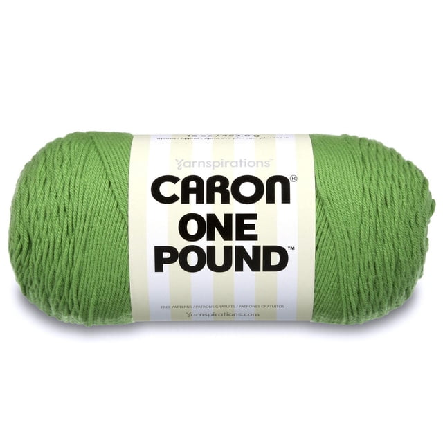 Caron® One Pound™ Yarn, Acrylic #4 Medium, 16oz/454g, 812 Yards in green, a large skein of worsted weight acrylic yarn with a white label and bold black text, ideal for knit and crochet accessories, garments, and home decor projects, machine washable and dryable.