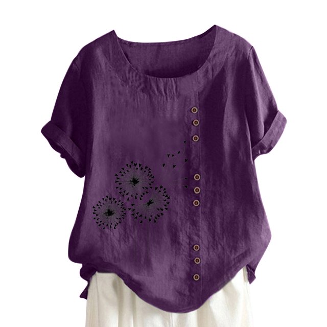 Chemise à Manches Longues pour Femmes Été Décontracté Col Rond Manches Courtes Imprimé Chemise Ample Hauts d'Été pour Femmes Coupe Ample Hauts à Manches Courtes pour Femmes