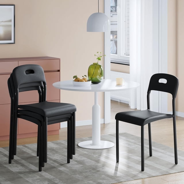 Ourlova Outdoor Patio Dining Chairs Set of 4 - Stackable Plastic Kitchen Chairs - Steel Legs Support - Waterproof and Stain-Resistant - Easy Assembly - Suitable for Indoor and Outdoor - Black