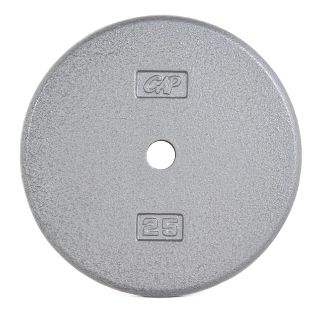 CAP Barbell Standard 1-Inch Cast Iron Weight Plate, 25 lb, Single, Grey, front view of a round grey cast iron weight plate with a 1-inch center hole, embossed CAP logo and 25 lb marking, coated in a textured baked enamel finish to prevent chipping, suitable for standard 1-inch bars in home gym strength training.
