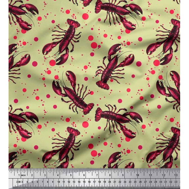 Soimoi Rayon Fabric Dot & Lobster Ocean Print Fabric by The Yard 42 Inch Wide