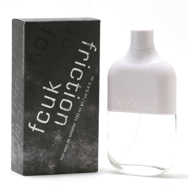 Fcuk Friction by French Connection eau de toilette for men 3.4 fl oz with a clear glass bottle and matte light gray cap embossed with 'fcuk' beside a black textured box with white diagonal branding, featuring an aromatic fruity scent ideal for casual warm day wear.