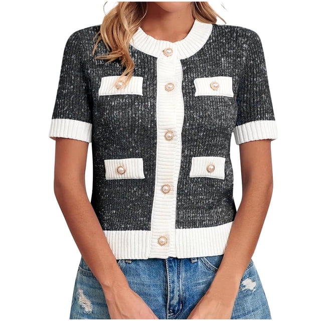 JGGSPWM Womens Short Sleeve Button Down Cardigans Sweater Cropped Lightweight Crew Neck Elegant Knit Tops with Pockets Black S