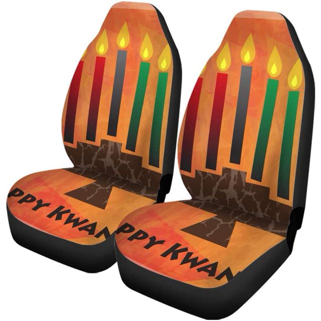 RYLABLUE set of 2 car seat covers with Kwanzaa greetings and a Kinara design on an orange abstract background. Designed for front seats, made from durable, breathable polyester fabric with anti-slip backing for secure placement. Universal fit for most cars, SUVs, sedans, and trucks with regular-size bucket seats. Easy to install and protects seats from dirt, spills, tearing, and fading.