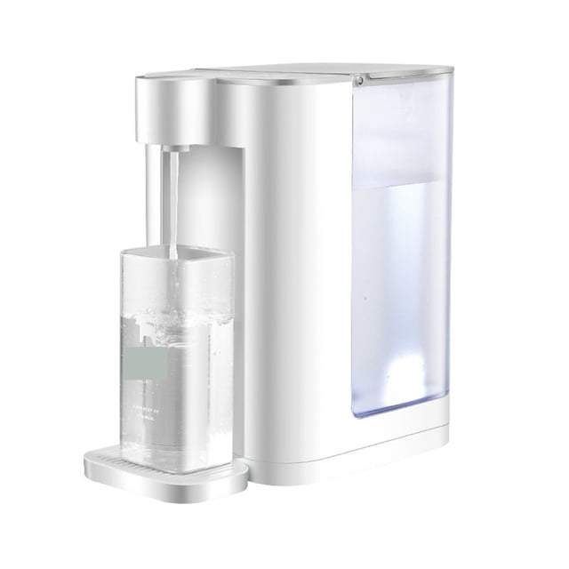Instant Heat Water Discharr Office Desktop Water Discharr Desktop Water Dispenser by Zilai in white, featuring a 2.8L capacity and compact design. This electric water dispenser offers 5-speed temperature regulation, including 45°C, 55°C, 85°C, 100°C, and room temperature. It heats water in 3 seconds and includes a child lock for safety. The detachable water tank allows for easy cleaning, and the device is suitable for home or office use. Shown dispensing water into a glass.