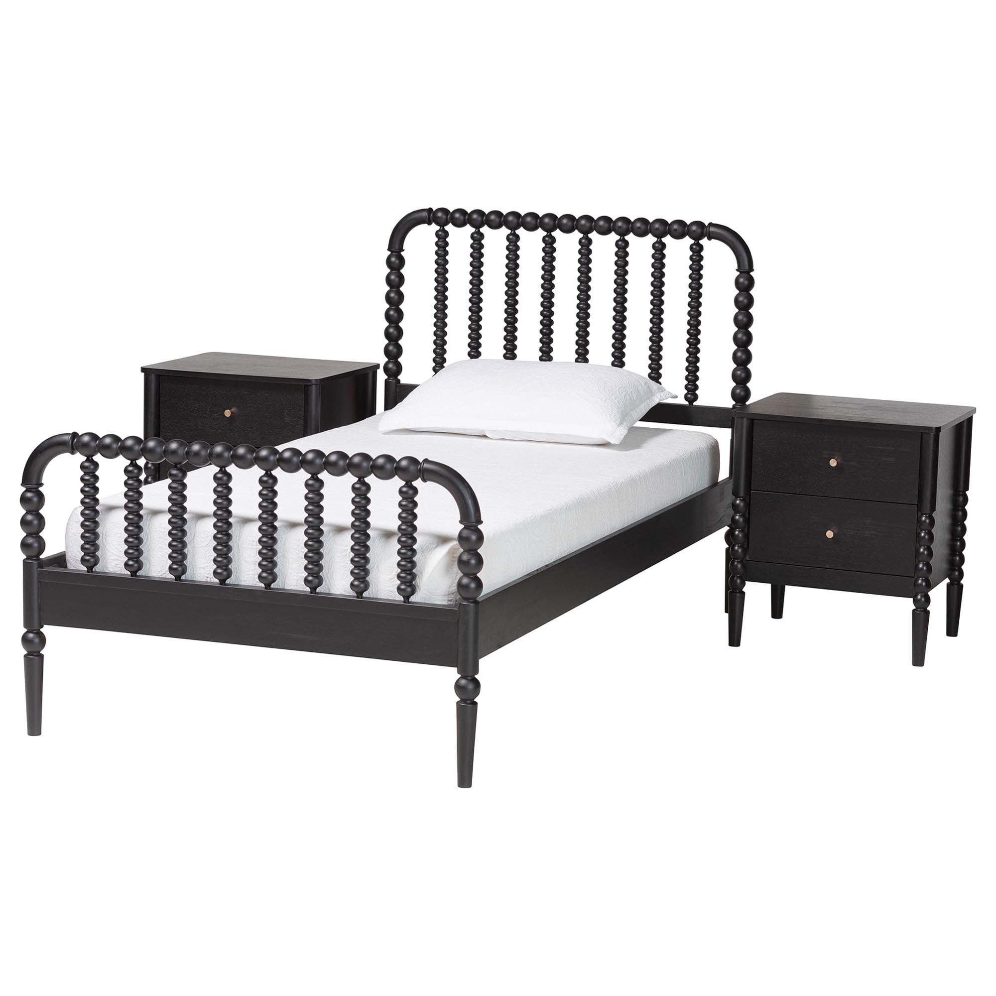 Baxton Studio Lucera Mi-Siècle Noir Format Double Ensemble de Chambre à Coucher 3 Pcs avec Canettes