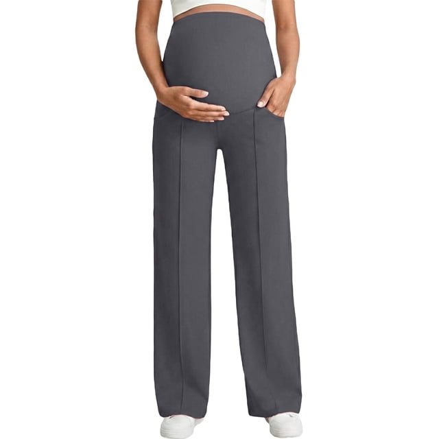 ’S Winter Maternity Straight Leg Pants – High Waist Over Bump High Stretch & Breathable Plus Size Pants Grey L