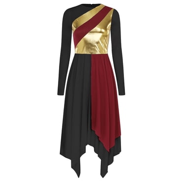 Loodgao Robe Tunique de Danse Liturgique de Louange pour Femmes, Culte, Blocs de Couleur, Costume de Danse Lyrique pour Célébration #02_Burgundy&Black L