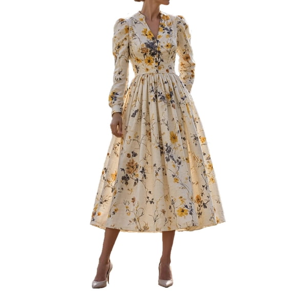 Women's Vintage Floral Dress, V Neck Casual Long Sleeve A Line Dress, Bohemian Swing Midi Dress for Daily Garden Party