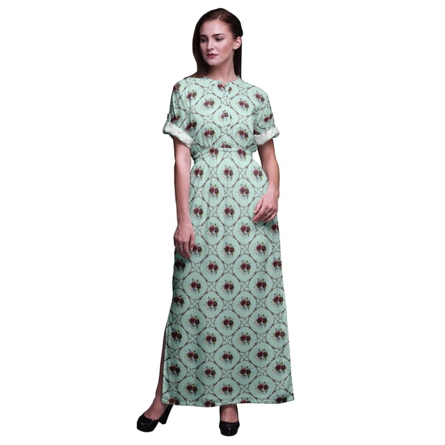Bimba Robe Longue Imprimée en Rayonne à Feuilles/fleurs et Losanges Géométriques, Taille Smockée, Fente Latérale, Robe pour Femme - Xxx-Grand
