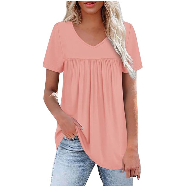 Timegard Womens Summer Tops Ruched Drop Shoulder V Neck Short Sleeve Casual Loose Comfy Blouse Tops