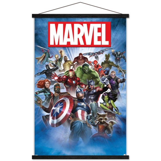 Marvel Comics - Group Shot Wall Poster, 22.375" x 34" featuring a glossy, high-resolution print of Marvel superheroes including Captain America with shield, Iron Man, Hulk, Thor with hammer, Spider-Man, Black Widow, Star-Lord, Groot, Rocket Raccoon, Hawkeye, She-Hulk, and War Machine posed dynamically on a blue radiant background, suitable for wall art and home décor.