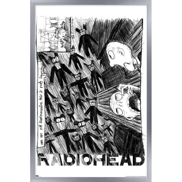 Radiohead - Affiche Murale à Gribouillis, 14,725 Pouces x 22,375 Pouces Encadrée Présentant une Croquis Noir et Blanc de Multiples Figurines Humanoïdes Abstraites avec de Larges Sourires et des Lunettes Entourant Deux Grands Visages Expressifs à Droite, avec Texte Manuscrit à Gauche Lisant « Nous Ne Sommes Pas en Sécurité, Quelque Chose, Ça Se Passe Vraiment », et le logo Audacieux Radiohead au Bas, le Tout dans un Cadre Argenté Idéal pour la Déco Murale de la Maison Ou du Bureau
