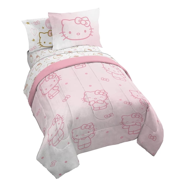 Sanrio Hello Kitty Étoiles Ensemble de Lit 7 Pcs Format Double avec Couvre-Oreillers, Incluant une Couette Rose avec illustrations Hello Kitty, des Draps-Housses et Plats, Deux Taies d'Oreiller et Deux Couvre-Oreillers. Conçu pour les Chambres d'Enfants, Cet Ensemble de Literie Présente des Motifs Hello Kitty Vibrants avec Étoiles et Nœuds, Ajoutant du Charme à Toute Déco de Chambre. Tissu Facile d'Entretien Lavable à la machine Assure la Commodité.