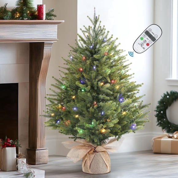 Lolsea Sapin de Noël Artificiel Petit Mini de 2 Pi Pré-Illuminé avec Lumières DEL Colorées, Télécommande et Minuterie, Parfait pour les Décorations de Table de Noël