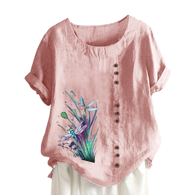 Birdeem Womens Summer Casual Round Neck Short Sleeve Printing Loose Shirt Tops