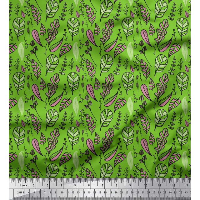 Soimoi Green polyester Crepe Fabric Artistic Leaves Decor Fabric Printed Yard 52 Inch Wide