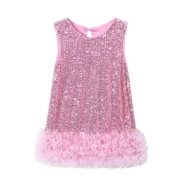 lcziwo Robe à Paillettes pour Tout-Petites Filles, Tulle à Volants Patchwork, Robe Scintillante, Robes de Fête, Sans Manches, Ligne A, Mini-Robe, Rose, 8-9 Ans