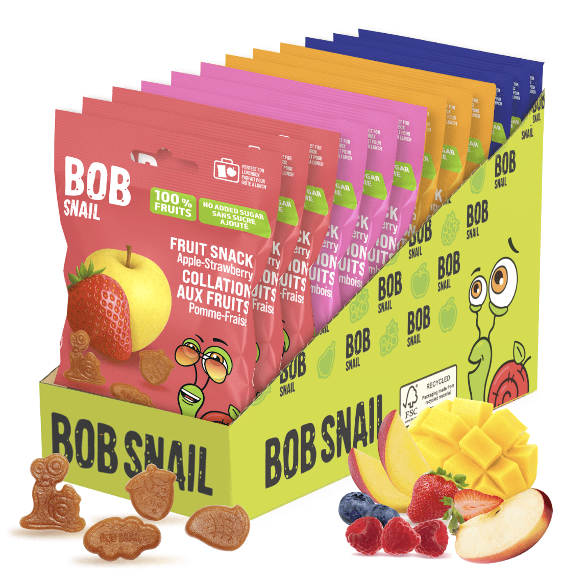 Bob Snail Fruit Bites Gluten-Free Nuts-Free Healthy Fruit Snacks Variety Pack - Pack of 12 (Mango x3, Apple-Strawberry x3, Apple-Raspberry x3, Apple-Blueberry x3)