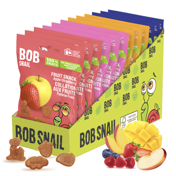 Bob Snail Bouchées de Fruits Sans Gluten Sans Noix Collations de Fruits Santé Assortiment - Lot de 12 (Mangue x3, Pomme-Fraise x3, Pomme-Framboise x3, Pomme-Bleuet x3)