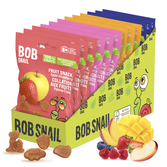 Bob Snail Fruit Bites Gluten-Free Nuts-Free Healthy Fruit Snacks Variety Pack - Pack of 12 (Mango x3, Apple-Strawberry x3, Apple-Raspberry x3, Apple-Blueberry x3)
