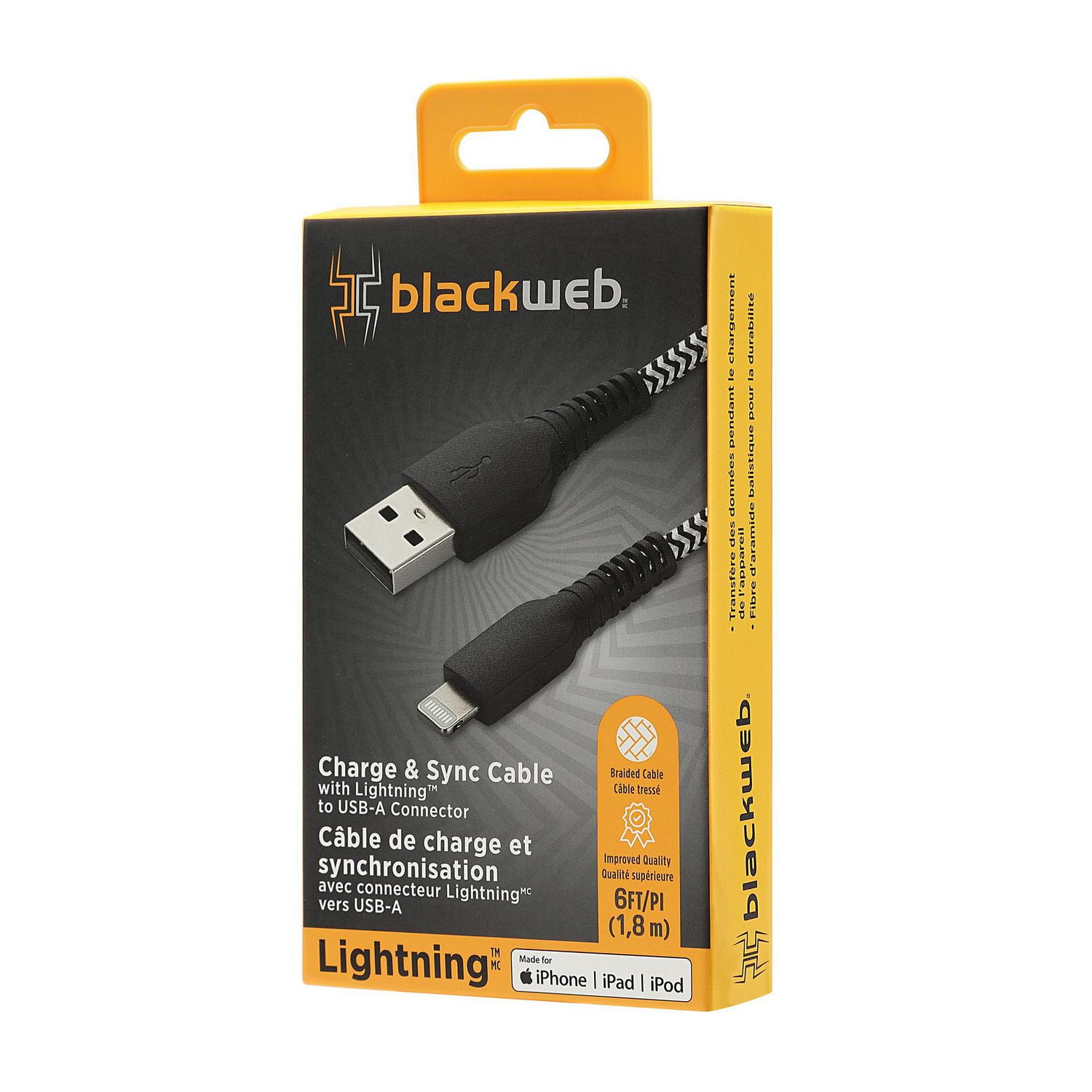 Câble de charge et de synchronisation Lighting vers USB-A de 1,8 m (6 pi) avec câble robuste tressé blackweb