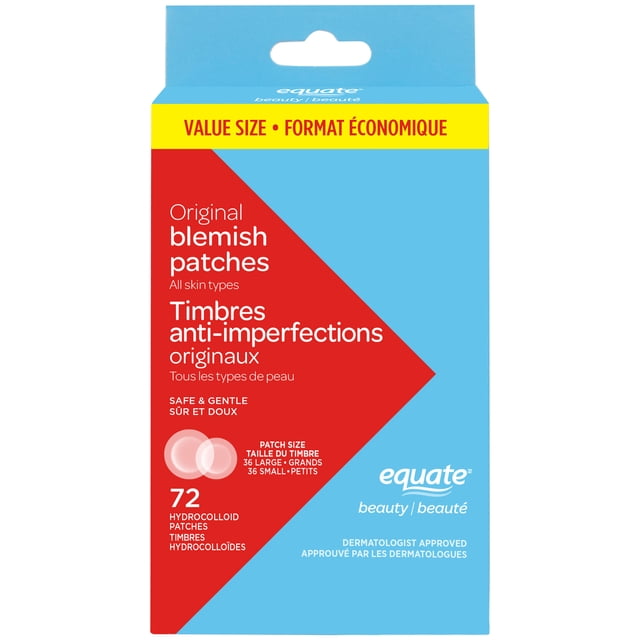 Equate Beauty Original Blemish Patches value size box containing 72 hydrocolloid patches in small and large sizes for acne treatment and skin care, safe and gentle for all skin types, dermatologist approved, bilingual English and French text on red and blue packaging.