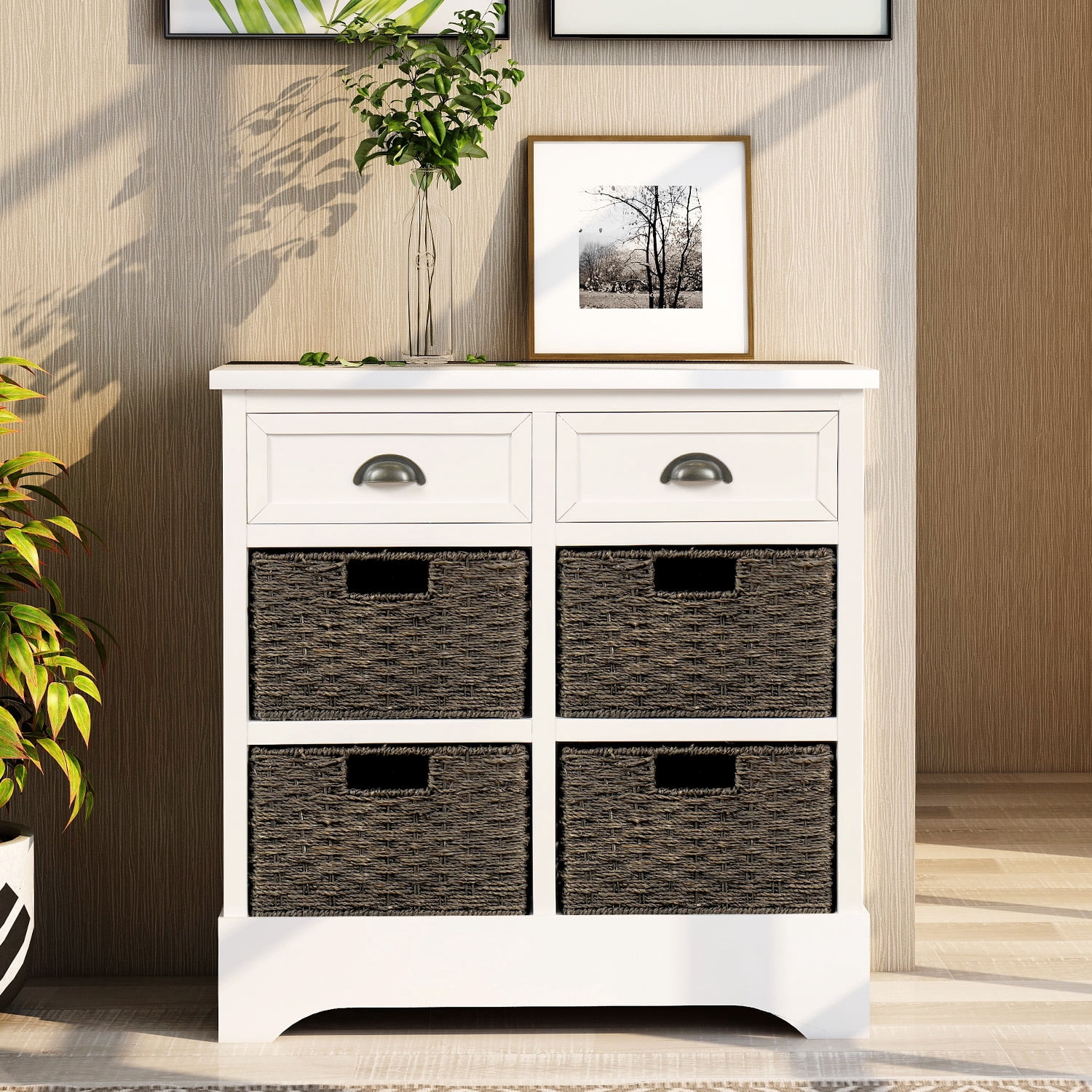 REDSASA Storage Cabinet, Rustic Coffee Bar Cabinet with Two Drawers and Four Classic Rattan Basket for Dining Room/Living Room (White)