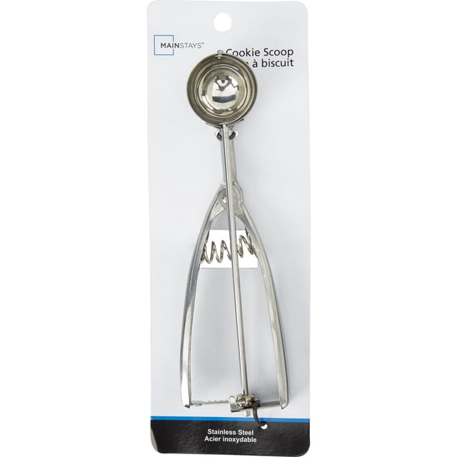 Main Stays Cookie Dropper stainless steel cookie scoop with spring-loaded handle and round bowl for uniform cookie dough portions, displayed on white packaging with brand and product details, suitable for baking and portion control.