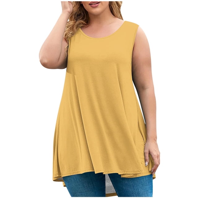 Timegard Plus Size Tank Tops for Women Round Neck Casual Workout Tops Solid Color Sports Shirts