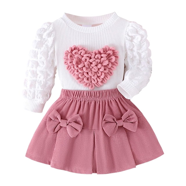 Sunnyoo Girls Outfits Heart Print Long Sleeve Pullover Top & Pleated Two Piece Set