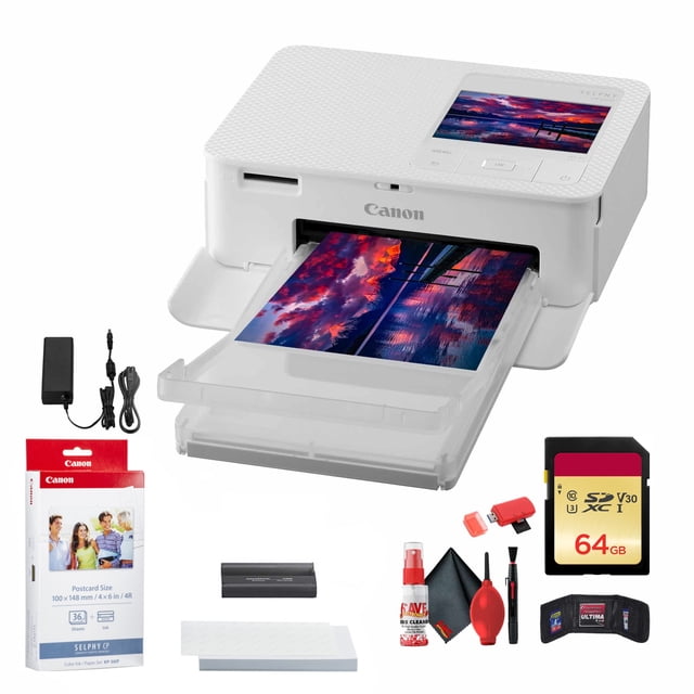 Canon SELPHY CP1500 Photo Printer in white, printing a vibrant 4 x 6-inch photo. The bundle includes a Canon KP-36IP color ink and paper set, 64GB Ultra UHS-I SDXC memory card, cleaning kit, memory card wallet, memory card reader, and compact AC power supply. This compact photo printer features a 3.5-inch LCD screen, built-in Wi-Fi, and supports direct printing from SD cards, USB drives, or computers. Perfect for portable, high-resolution photo printing at 300 x 300 dpi, with versatile options for paper and sticker sizes.